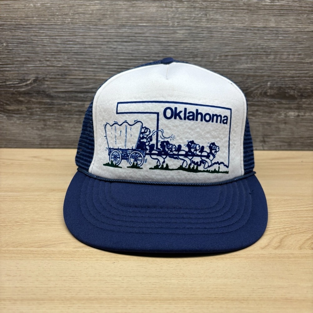 VINTAGE Oklahoma Hat Cap Snap Back Blue White Chuck Wagon Souvenir Mens 80s 90s